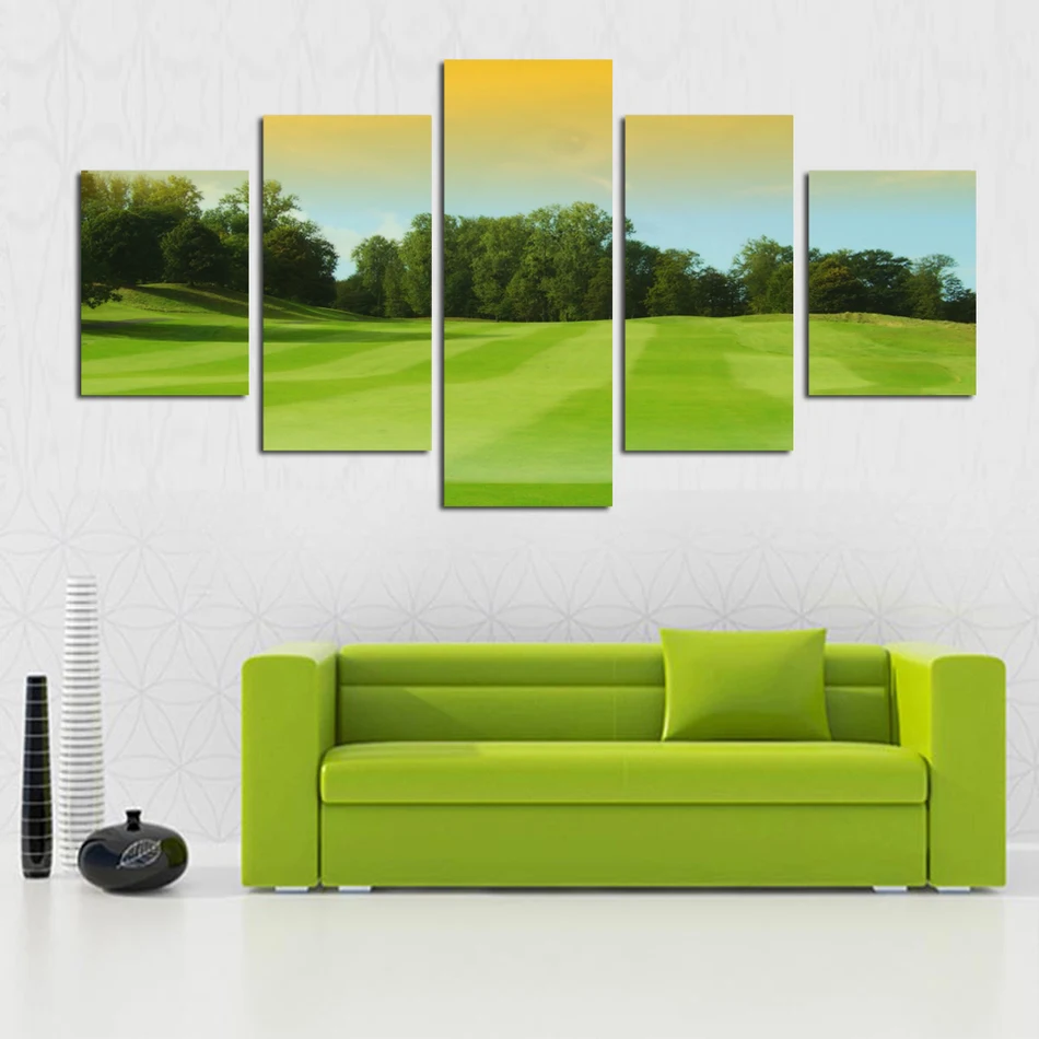 

5 Panel Green grassland and tree Painting HD largeLandscape Picture Canvas Art Home Decor For Living Room