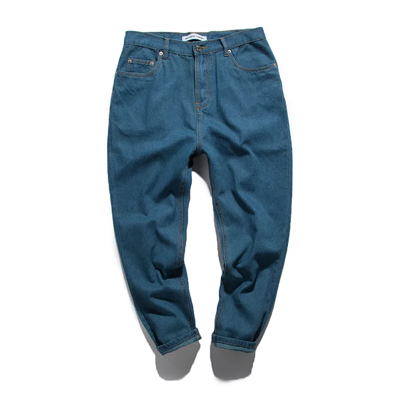 Однотонные простые мужские джинсы на молнии с ремешком Модные Винтажные синие