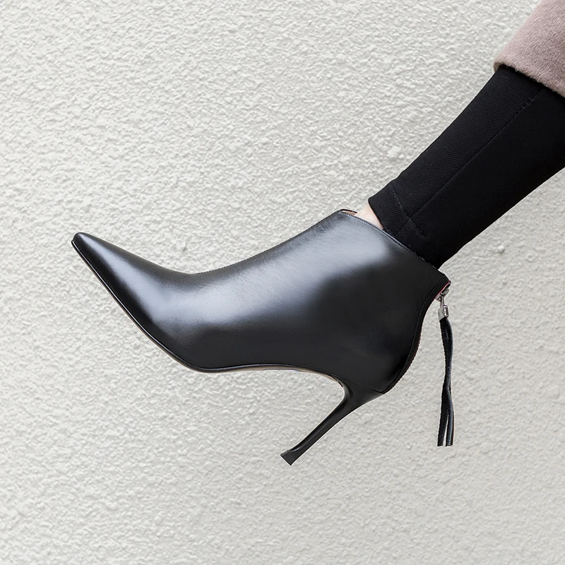 Women Genuine Leather Ankle Boots zipper fringe Sexy Pointed Toe Party Wedding Shoes Woman Ladies Basic Boots Pumps