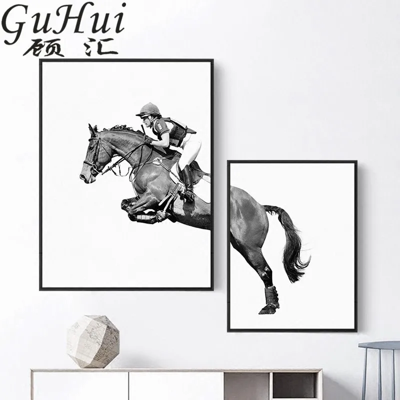 Скачущая лошадка черно белые картины холщовая Настенная картина Equestrianism