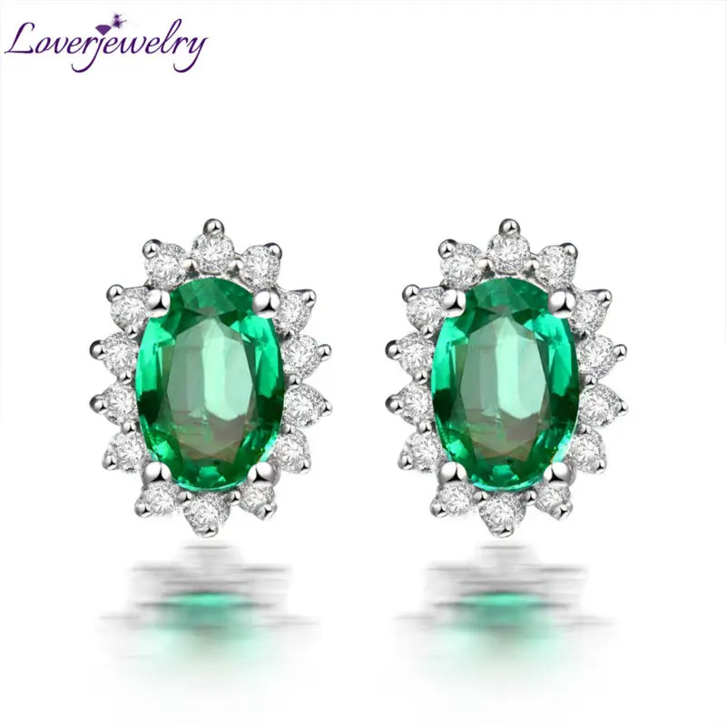 

LOVERJEWELRY Oval 4x6mm Emerald Studs Earrings Solid 18Kt White Gold Diamond Emerald Earrings for Women Party Dressing