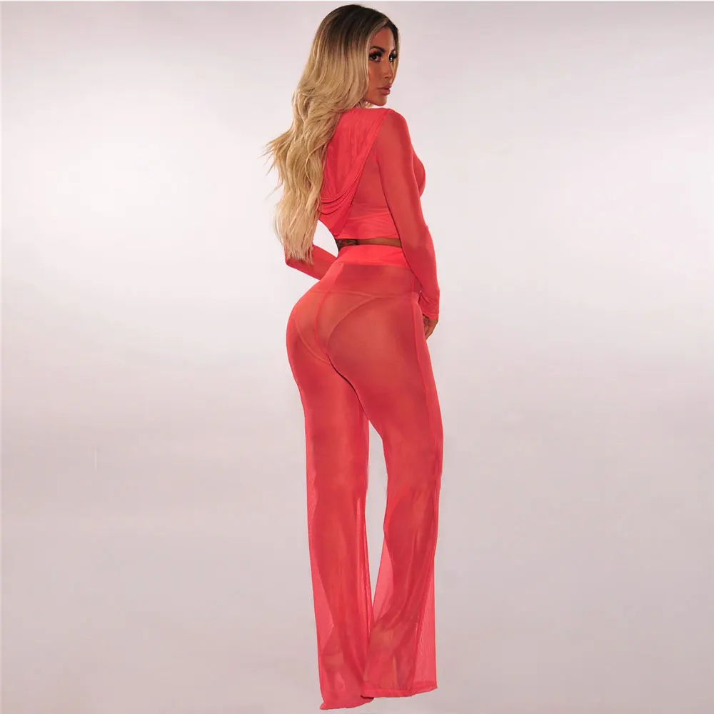 BKLD Knitted Mesh Hooded Zipper Crop Top Female Autumn 2018 See Through Sexy Loose Trousers Nightclub Party Two-Piece Sets | Женская