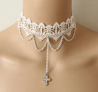 christian goth white lace choker necklace woman cross pendant wave chain ornament simple retro teen girls evening party jewelry