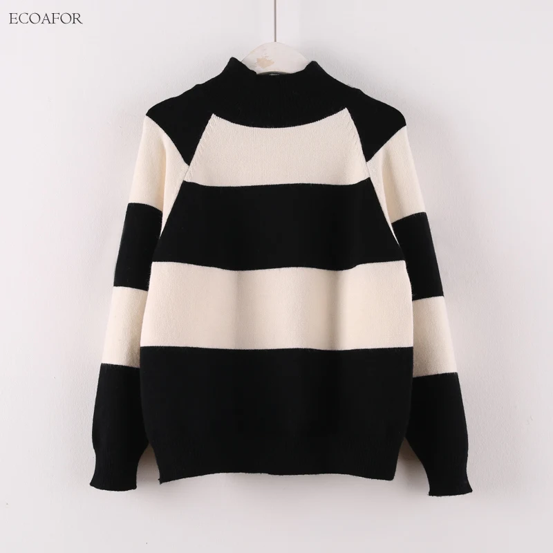 

Thicken Warm Sweater Women Autumn Fashion Loose Oversize Pullovers Mock Neck Knitted Jumper Female Wide Striped Sweaters
