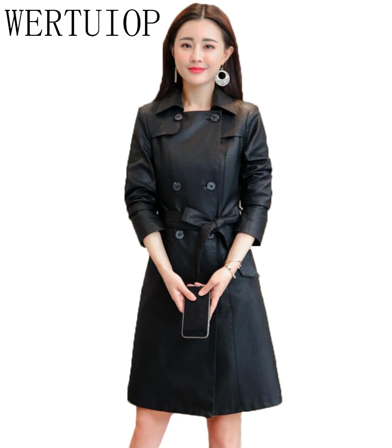 WERTUIOP Весна Новый черный Для женщин ветровка куртка мода тонкий пояс длинное