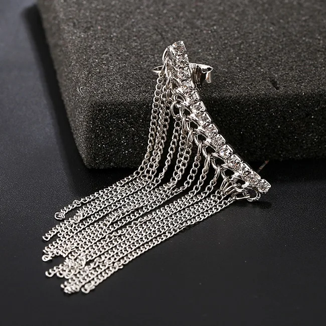 silver right Ювелирные изделия в стиле панк, женские серьги-манжеты с кристаллами, Модные Позолоченные Серебряные циркониевые длинные кисточки, зажим со стразами, серьги для женщин и девушек - Окраска металла: silver right