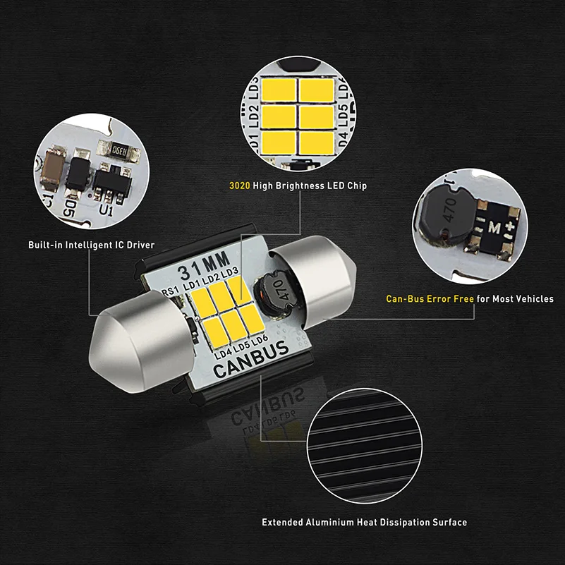 2x OXILAM Festoon 31 мм 36 41 Белая светодиодная лампа Canbus 6SMD 3020 автомобильный внутренний