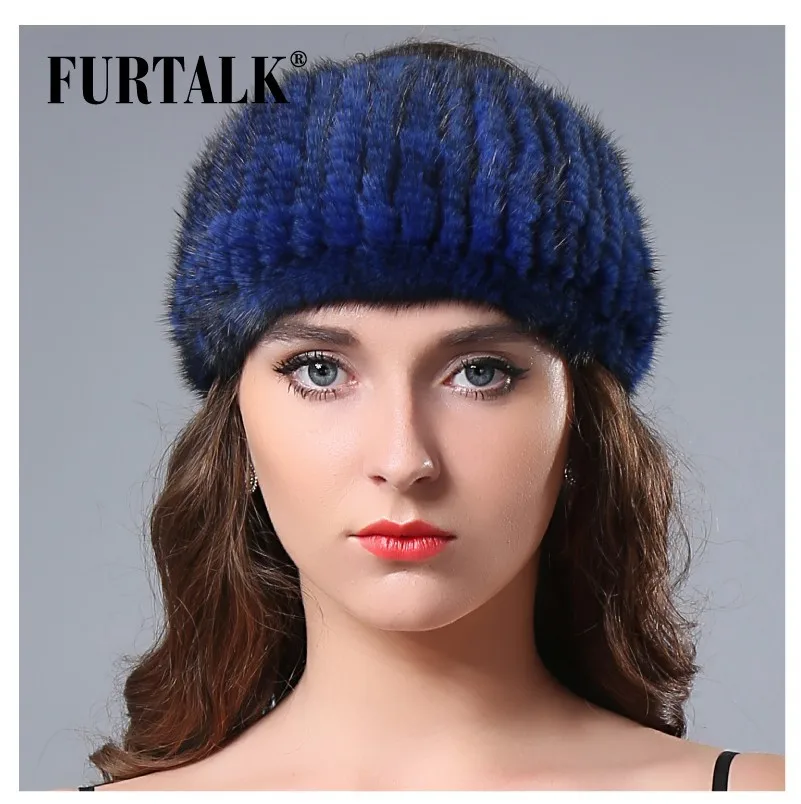 FURTALK, норковый мех, зимний головной убор для женщин, теплый вязаный натуральный мех норки, повязка на голову, меховая шапка, женские меховые аксессуары для волос