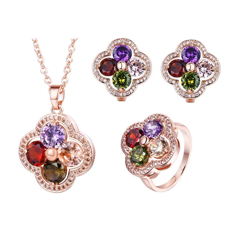 

FYM fashion Rose Gold Color Flower Shape Jewelry Sets for Women Colorful Crystal Necklace Earrings Rings Multicolor Jewelry Set
