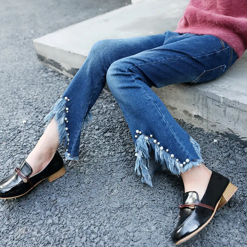 

High Quality Children's Clothing Girls Jeans Spring Autumn 2021 Children's Rivet Pearl Pants Trousers Children Slit Tassel Jeans