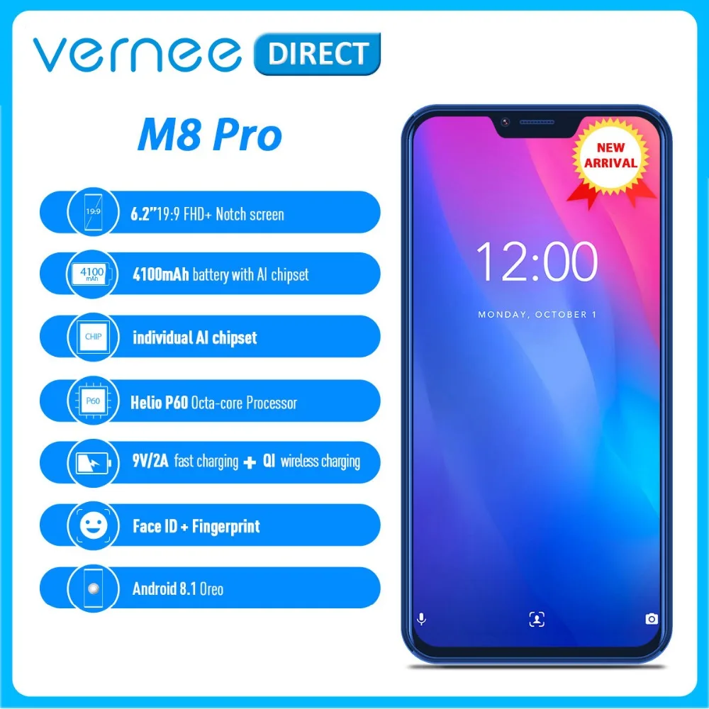 Vernee M8 Pro Нотч Экран Android 8,1 мобильный телефон 6," Octa Core AI Камера 6 ГБ+ 6 4G B 4100 мАч Беспроводной зарядки NFC Смартфон 4G
