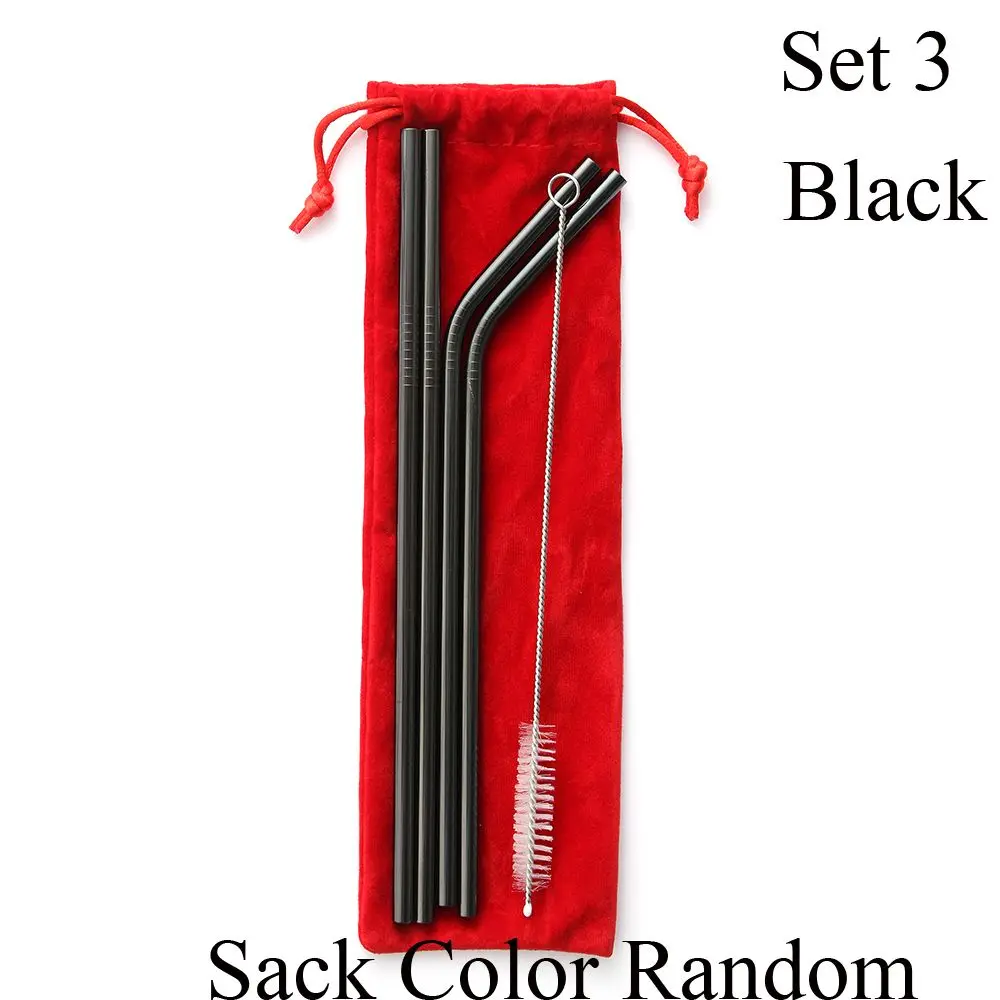 set3 black 1 комплект соломинки из нержавеющей стали с чистящей щеткой бесплатный мешок прямые/изгиб многоразовые, для питья кружка с соломкой чашки бар аксессуары - Цвет: set3 black