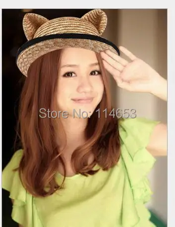 Free shipping MZ15613 au lovely ears Adult children parent-child straw hat The cat | Тематическая одежда и униформа