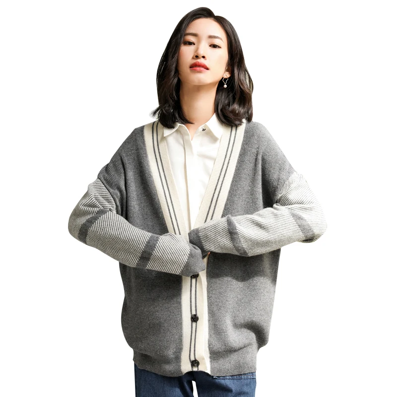 

Women Long Sleeve Knitted Cardigan Sweater Casual Autumn winter Outwear color block preppy style V neck wool sweaters