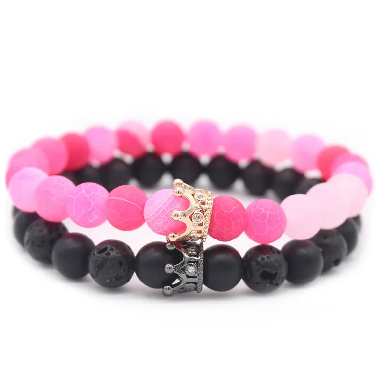 pink black Poshfeel подарок для пары 2 шт./компл. CZ браслеты с короной 8 мм каменный браслет для влюбленных украшение ручной работы с бусинами Pulsera MBR180297 - Окраска металла: pink black