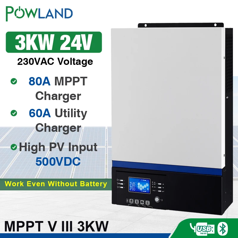 Bluetooth инвертор 3000 Вт 500Vdc PV 230Vac 24Vdc 80A MPPT Солнечное зарядное устройство поддержка мобильного мониторинга USB lcd управление