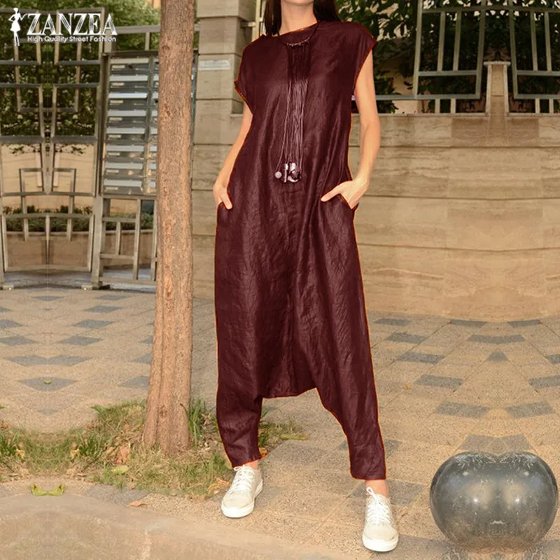 Комбинезоны женские с заниженным шаговым швом комбинезоны ZANZEA Pantalon летние брюки карго женские с коротким рукавом Комбинезоны Combinaison Femme 5XL