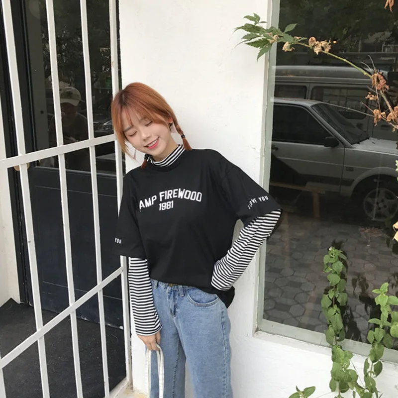 Весна Корейский Ulzzang повседневные женские футболки Harajuku мода BF стиль Топы черный