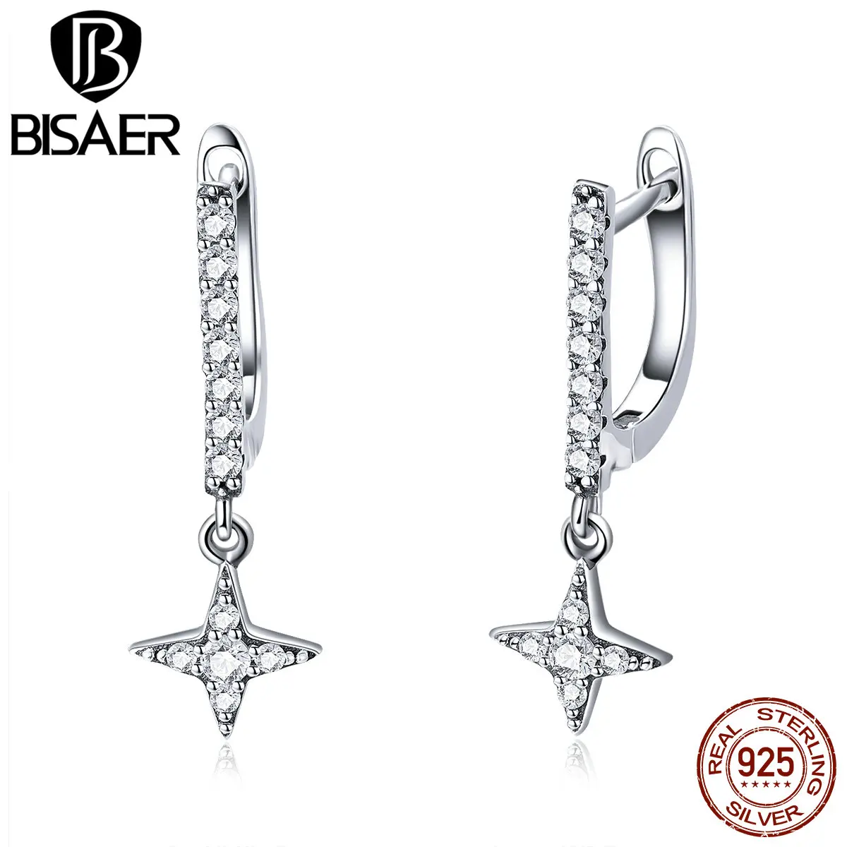 BISAER, 925 пробы, серебряные, прозрачные геометрические серьги-гвоздики с кубическим цирконием для женщин, простые модные серьги, ювелирные изделия, Brincos ECE446