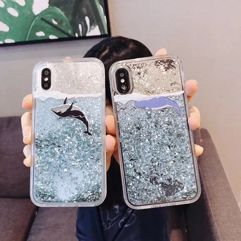 Милый Дельфин зыбучий песок чехол для пары iPhone XS Max XR X Прозрачный блестящий из ТПУ