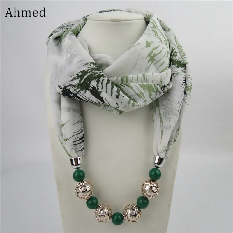 Женский шифоновый шарф ожерелье с цветочным принтом и бусинами|designer necklace|fashion