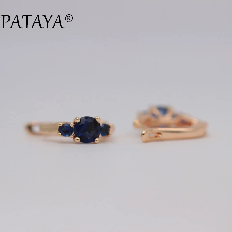 PATAYA 585 розовое золото серьги три круглых белых натуральный циркон маленькая девочка ювелирных изделий Индии с украшением в виде кристаллов Черный серьги Свадебные украшения - Окраска металла: sapphire