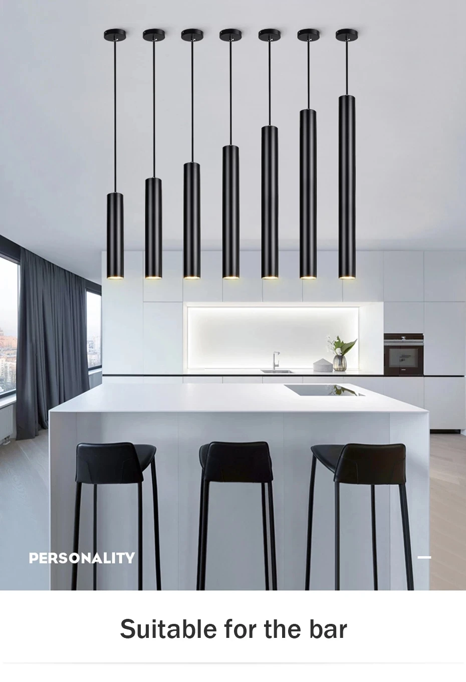 Led Hanging Lamp Long Tube lamp Kitchen Island Dining Room Shop Bar Decoration Cylinder Pipe Black Pendant Light Kitchen Lamp