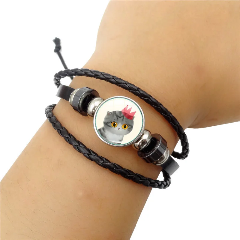 XUSHUI XJ Fashion Cute Cat Charm Bracelets &amp Bangles Glass Cabochon Punk Jewelry Black Multilayer Leather Bracelet Women Men | Украшения