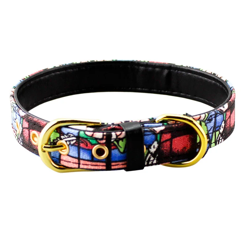 Blue Pawstrip Холщовый кожаный ошейник с принтом Pitbull Puppy ошейник Регулируемый ошейник для питомцев для маленьких собак Collier Chien Petshop S/M/L - Цвет: Blue