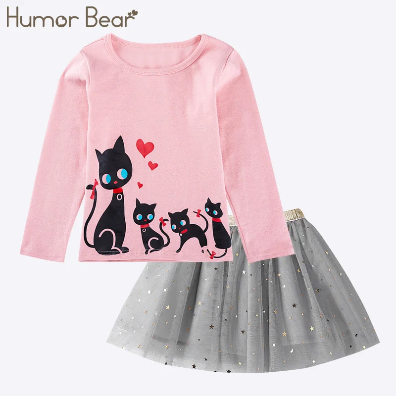210 pink Humor Bear/новая осенняя одежда для маленьких девочек комплекты одежды для девочек футболка с длинными рукавами и рисунком кота из пайеток+ юбка со звездами повседневные костюмы для девочек из 2 предметов - Цвет: 210 pink