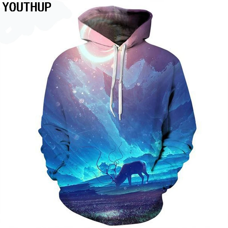 Толстовка YOUTHUP мужская с капюшоном свитшот 3d принтом оленя неба модная