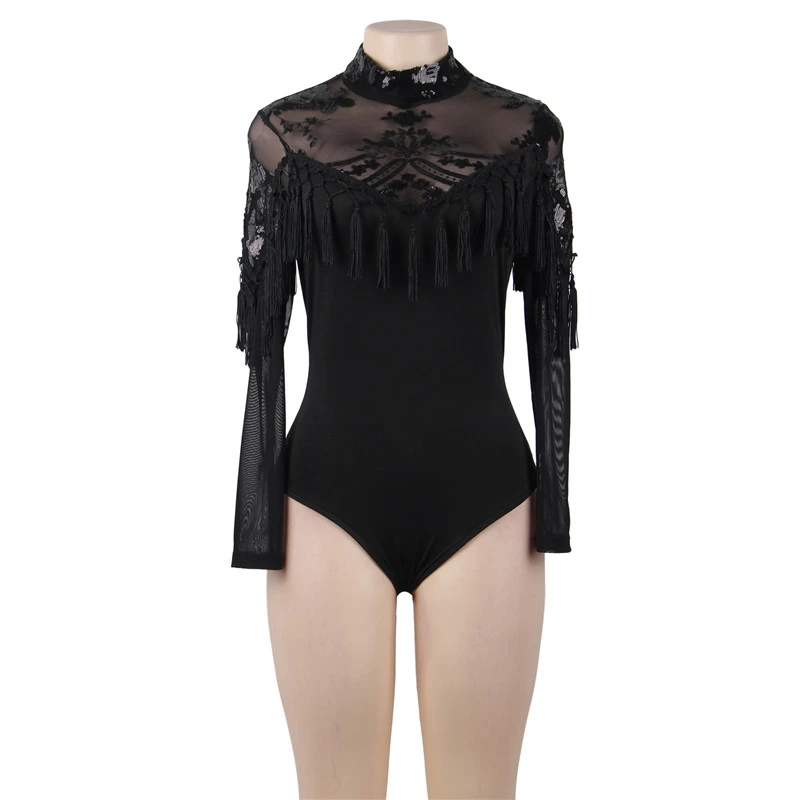 black Bodysuit Боди манга Larga Mujer Повседневный сетчатый женский боди с высоким воротом изящный сексуальный боди с кисточками M XL Комбинезоны для женщин R80787 - Цвет: black Bodysuit