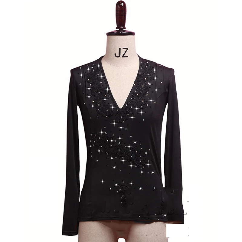 Latin Dance Shirts Men Long Sleeve V Neck Tops Embroidered Shiny Rhinestones Dancing Male Competition Show Wear DN3532 | Тематическая