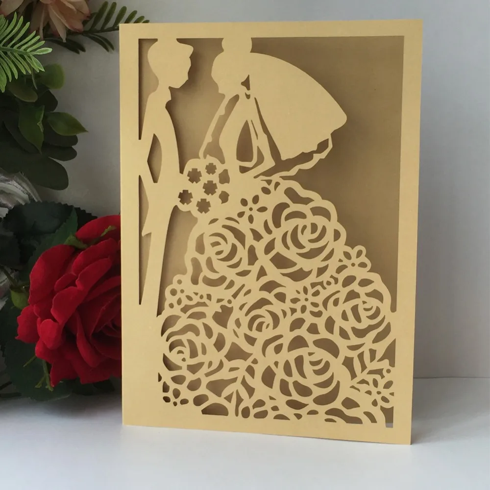 

100pcs Western Style Pearl Paper Wedding Invitations Laser Cut Carved Wedding Card Bride&Bridegroom Pattern Wedding Decorations