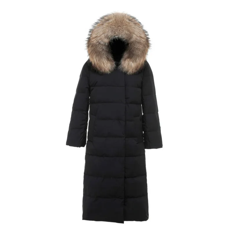 Черный 2XL~ 7XL женские пуховики больших размеров, Длинная зимняя парка на утином пуху, пальто с натуральным мехом на капюшоне, женская утепленная зимняя одежда - Цвет: Черный
