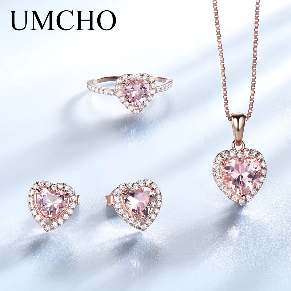UMCHO 925 пробы Серебряный набор украшений для женщин романтическое сердце кулон из морганита серьги гвоздики вечерние ювелирные изделия на День святого Валентина