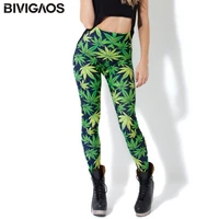 bivigaos summer style adventure time printed stretch green weed leaf black milk pants leggings female slim thin women pantalones