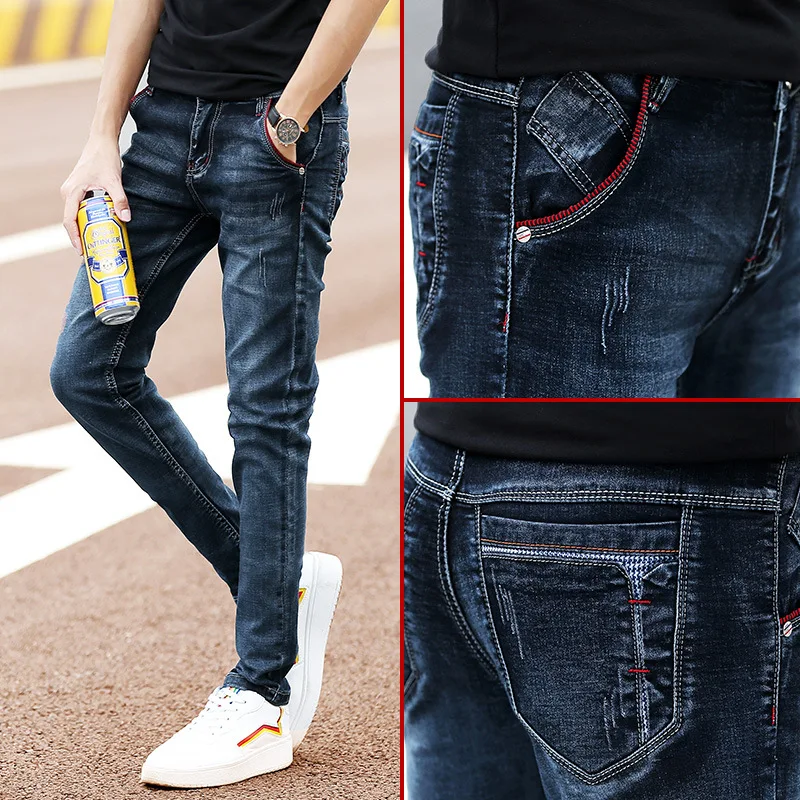 Fashion Men's Jeans Pants Stretch Dark Blue Skinny For Men Casual Slim Fit Denim Korean Style Male Trousers | Мужская одежда