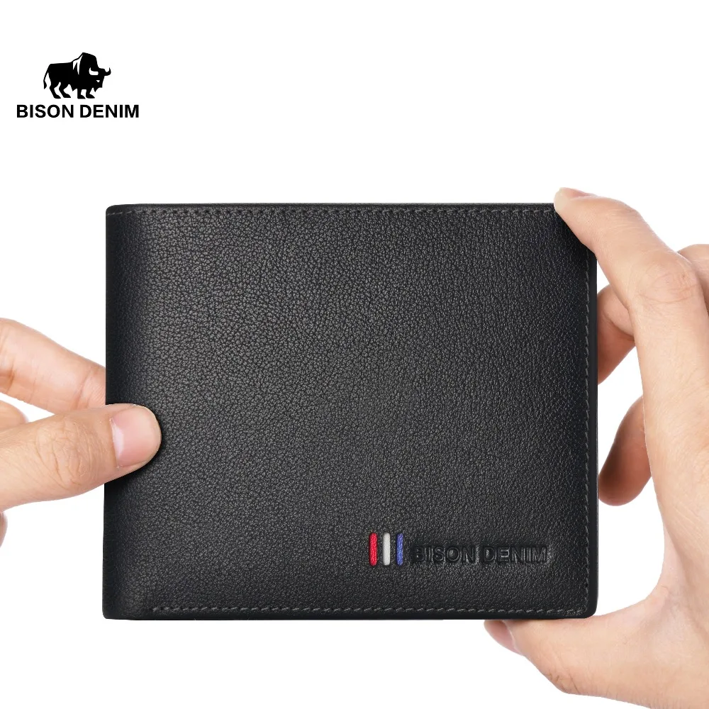 Бренд BISON DENIM мужской Ультратонкий кошелек из натуральной кожи бычьей с карманом