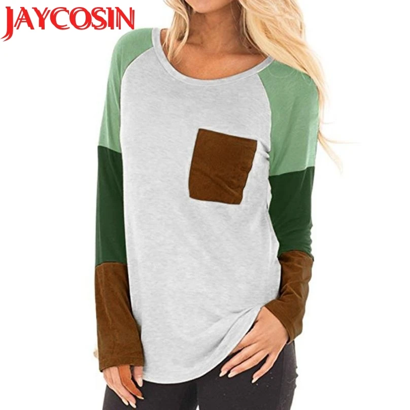 Футболка 2018 Женская карманная Лоскутная рубашка с длинным рукавом Повседневная