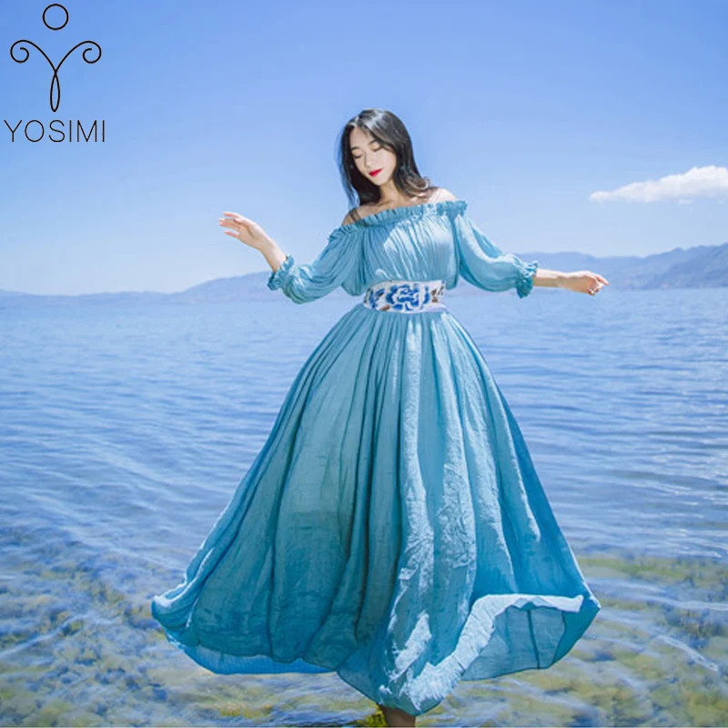 YOSIMI летнее длинное женское платье макси элегантное хлопковое и льняное дизайнерское богемное платье с цветочной вышивкой для путешествий высокое качество