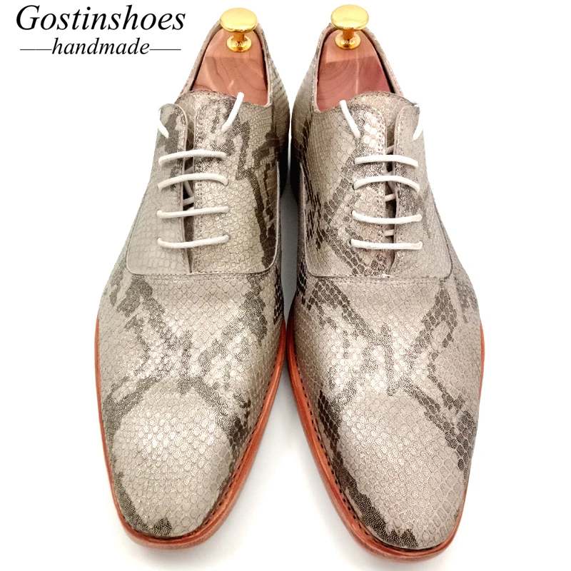GOSTINSHOES/Мужские модельные туфли-оксфорды ручной работы Goodyear из Натуральной Змеиной кожи бежевого цвета на шнуровке с острым носком GSTN003