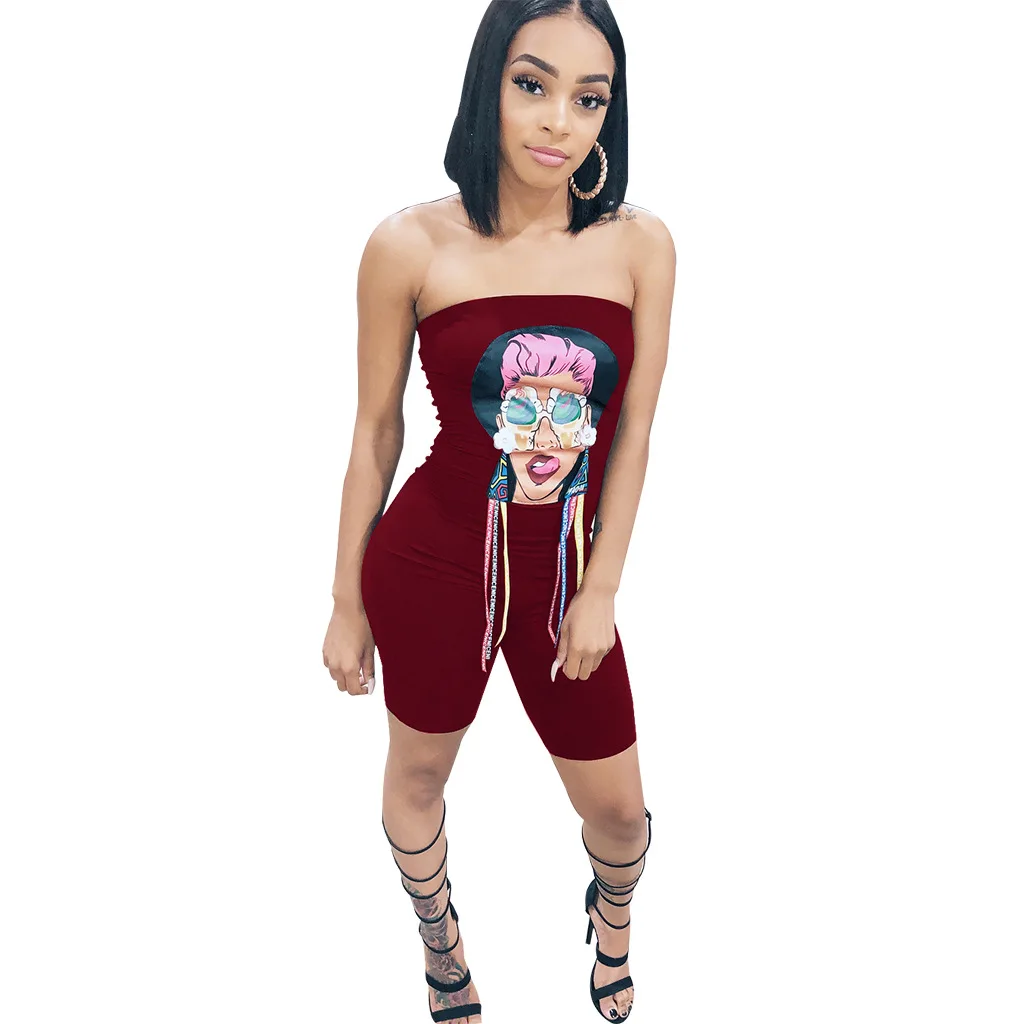 IMYSEN Летняя мода без бретелек Обёрточная бумага Playsuit Для женщин мультфильм шик