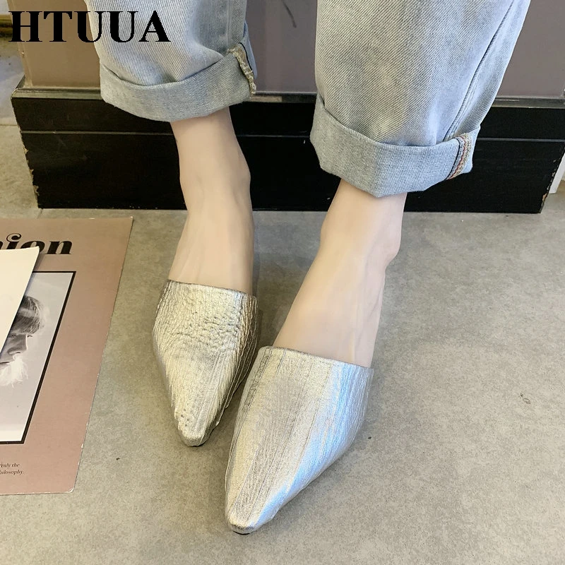 HTUUA/2019 вышитые шлепанцы с дышащей сеткой женские острым носком на маленьком