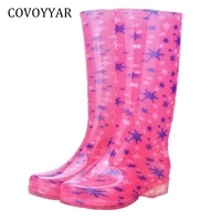 covoyyar low heel rubber rain boots 2021 waterproof trendy jelly women knee high boots snowflake print water shoes women wbs834