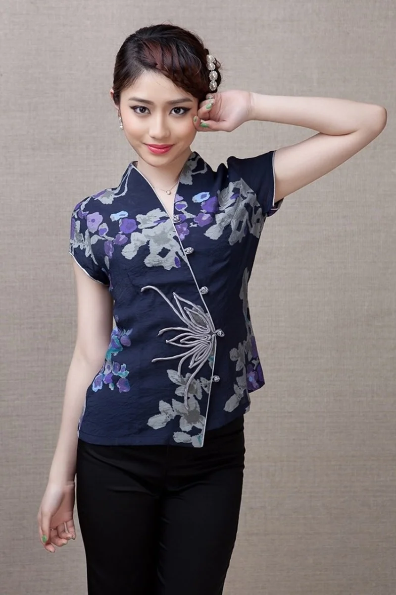 Китайские Топы Cheongsam для женщин летняя одежда Шанхай Тан Женская винтажная фольклорная рубашка женские китайские Топы TA1606