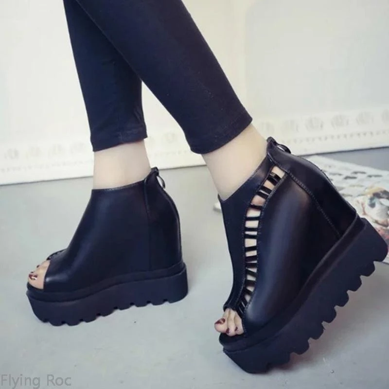 Hot Sale! Newest Women Platform Fish Mouth Sandals Boots Back Zipper Roman Sexy Hollow Wedge Shoes | Обувь
