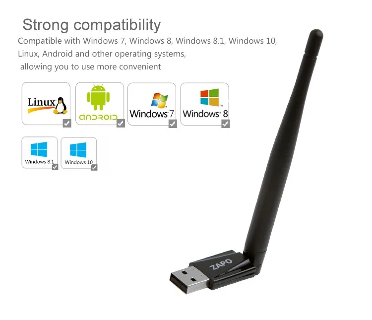 ZAPO 2.4G WIFI USB Colorful 150Mbps2dbi Адаптер антенны Беспроводной приемник 802.11n Сетевая карта для всех систем Windows Linux