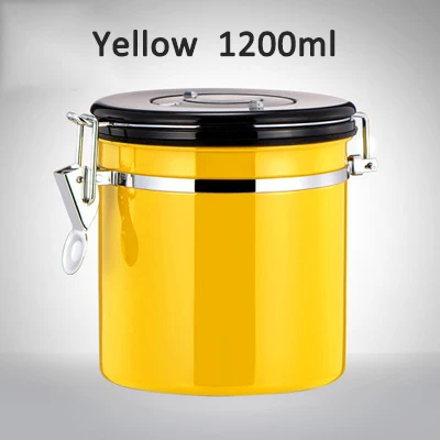 Yellow 1200ml Кофейная банка из нержавеющей стали с выпускным клапаном, резервуар для хранения кофейных зерен, запечатанные банки, резервуары для хранения, банки с крышкой, инструменты для сушеных фруктов - Цвет: Yellow 1200ml