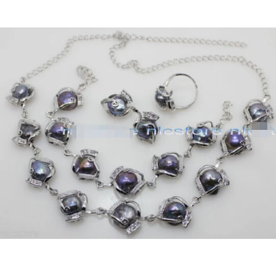 Набор ювелирных изделий из черного жемчуга 11 мм серьги браслет ожерелье